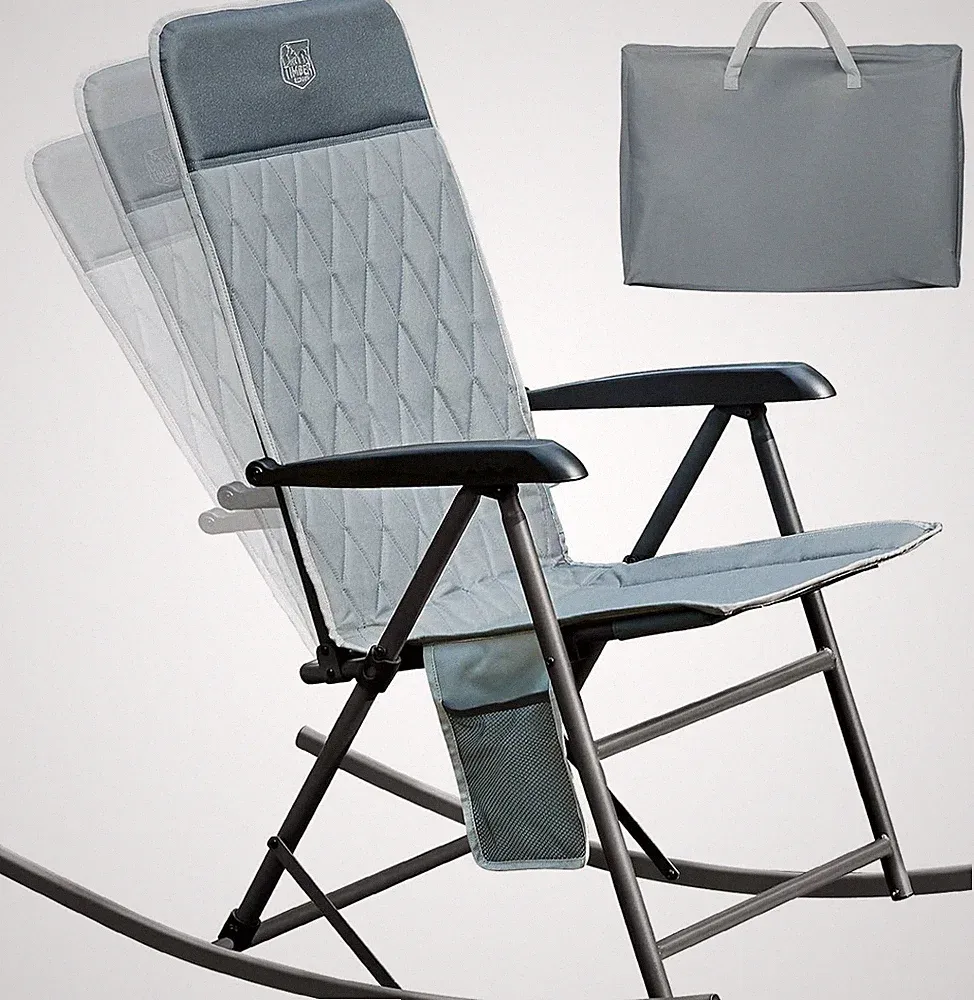 3-Level Adjustable Rocking Camping Chair, Padded High Back Outdoor Rocking Ch...